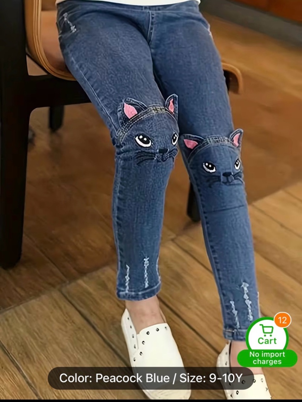 Girls Peacock Blue Cat-Knee Skinny Jeans